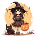 vector beautiful girl with pumpkins. creepy witch with jack o lanterns. a girl with hat vector illustration on white Royalty Free Stock Photo