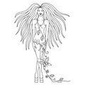 Vector beautiful hand drawn artistic girl with long hair, dress with flowers, leaves, butterfly. Creative artistic decorative blac