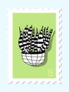 Vector beautiful hand drawn green post stamp. Modern vector isolated post stamp design. Vector illustration home plant black and Royalty Free Stock Photo