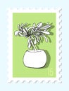 Vector beautiful hand drawn green post stamp. Modern vector isolated post stamp design. Vector illustration home plant black and Royalty Free Stock Photo