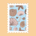 Vector beautiful hand drawn post stamp. Modern vector isolated post stamp design. Seashells and stars post stamp. Mail and post