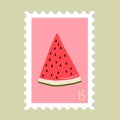 Vector beautiful hand drawn post stamp. Modern vector isolated post stamp design. watermelon icon, juicy watermelon slice Royalty Free Stock Photo