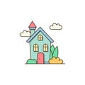 Vector Beautiful house with three windows and a red door icon. Vector House with a red chimney on the roof close to