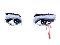 Vector beautiful illustration with crying eyes. Women`s watery eyes. Eyes with flowing mascara on isolated background.