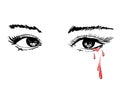 Vector beautiful illustration with crying eyes. Women`s watery eyes. Eyes with flowing blood on isolated background.