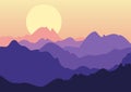 Vector beautiful landscape, purple sunset in mountains. Nature b