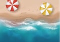 Vector beautiful realistic top view illustration of sandy summer beach with umbrellas and footprints - template for your poster of Royalty Free Stock Photo