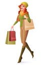 Vector beautiful redhead woman walking with shopping bags and smiling.