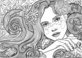 Vector beautiful sea goddess, mermaid, girl among flowering algae, coloring