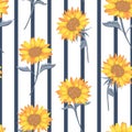 Vector Beautiful Sunflowers on Stripes seamless pattern background. Perfect for fabric, scrapbooking and wallpaper