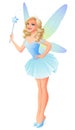 Vector beautiful tooth fairy in blue dress with magic wand. Royalty Free Stock Photo