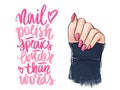 Vector Beautiful woman hands with pink nail polish. Handwritten lettering about nails and manicure. Royalty Free Stock Photo