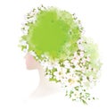 Vector beautiful woman with spring flowers on head.