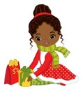 Beautiful Young Black Girl Holding Christmas Gift Boxes. Vector Christmas Girl Royalty Free Stock Photo