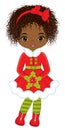 Beautiful Young Black Girl Holding Christmas Holly. Vector Christmas Girl