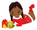 Beautiful Young Black Girl Holding Christmas Gift Boxes. Vector Christmas Girl Royalty Free Stock Photo