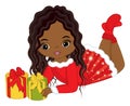 Beautiful Young Black Girl Holding Christmas Gift Boxes. Vector Christmas Girl Royalty Free Stock Photo