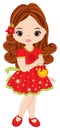 Beautiful Cute Girl Holding Christmas Bauble. Vector Christmas Girl