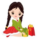 Beautiful Young Girl Holding Christmas Gift Box. Vector Christmas Girl Royalty Free Stock Photo