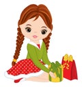 Beautiful Young Girl Holding Christmas Gift Box. Vector Christmas Girl Royalty Free Stock Photo