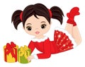 Beautiful Young Cute Girl Holding Christmas Gift Boxes. Vector Christmas Girl Royalty Free Stock Photo