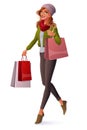 Vector beautiful young woman walking with shopping bags and smiling.