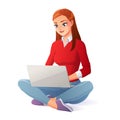 Vector beautiful young woman working with laptop sitting on floor.