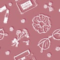 Vector Beauty Accessories Line art in Raspberry Pink seamless pattern background. Perfect for fabric, wallpaper and