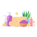 Vector beauty spa salon composition. Cosmetics bottles, towels, flowers, candles isolated on white background. Skincare