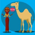 Vector - bedouin woman walking, leading a camel. Flat surprised business woman throwing up his hand.