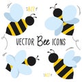 Vector bee icon set isolated on white. Cartoon style summer characters Royalty Free Stock Photo