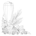 Vector beer glass with ornate Hops or Humulus and wheat ears in black on white. Outline element for Oktoberfest.