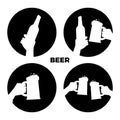 Vector beer icons set. Black and white beer in hands silhouettes Royalty Free Stock Photo