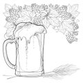 Vector beer mug with Hops or Humulus and ornate wheat ears in black on white background. Outline element for Oktoberfest.