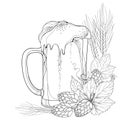 Vector beer mug with ornate Hops or Humulus and barley ears in black isolated on white. Outline element for Oktoberfest, brewery.