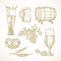 Vector Beer Sketches Set. Hand Drawn Illustrations of Glasses, Cask or Barrel, Hops and Snacks.