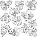 Vector bees for adult coloring page. Hand drawn funny magic bee