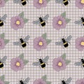 Vector Bees Purple Flowers on Light Purple Seamless Repeat Pattern Royalty Free Stock Photo