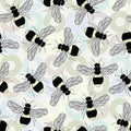 Vector Bees in Yellow Black on Beige Seamless Repeat Pattern