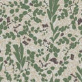 Vector beige tropical round leaf creeper plant duit-duit Pyrrosia piloselloides on beige terazzo seamless pattern