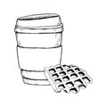 Vector Belgium waffles dessert with coffee cup black and white illustration. Bakery fresh breakfast clipart for menu