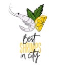 Vector best shrimps in city illustration. Seafood cooked menu print. Fish with lemon delicious tasty clipart. Protein