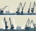 Vector big banners of port with cargo crane towers.