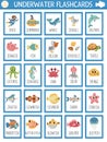 Vector big flash cards set with water animals, seaweeds, fishes, submarine, diver. English language game with cute underwater