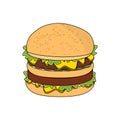 Vector big fresh tasty burger in cartoon style. Isolated on white background hamburger. Royalty Free Stock Photo