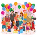 Vector big happy family together celebrate a birthday with gifts, balloons and cake Royalty Free Stock Photo
