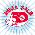 Vector big sale banner. Mega sale with 50 off. Red special offer with best choice symbol on blue striped background. Template des Royalty Free Stock Photo