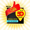 Vector big sale banner. Mega sale, up to 50 off. Red blue yellow special offer only this weekend. Template design with best choic Royalty Free Stock Photo