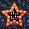 Vector Big Sale retro light banner on chalkboard with doodle objects. Star frame with bulb for shopping Royalty Free Stock Photo