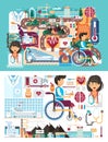 Vector big set design illustration medicine health care of patient medical insurance treatment illness and recovery
